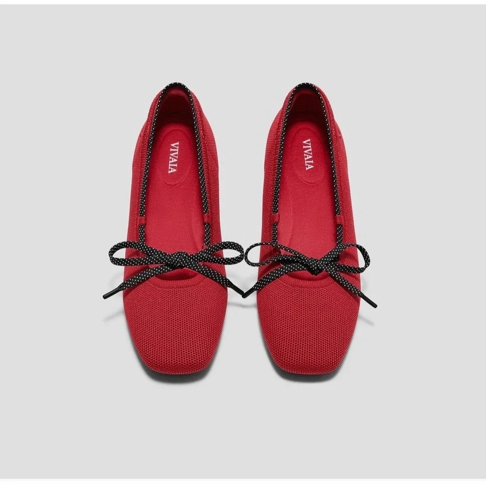 Vivaia Red Square Toe Knit Ballet Flats Lace Up Polka Dot size‎  EU/39 US/8